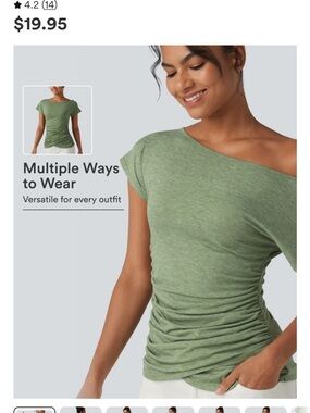 HALARA Olive Green Ruched One-Shoulder Short Sleeve Tee